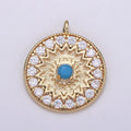 18k Gold plated Round Micro Pave Charm Turquoise Pendant, MoonStone charms for Medallion necklace Component Supply Jewelry Making E-143