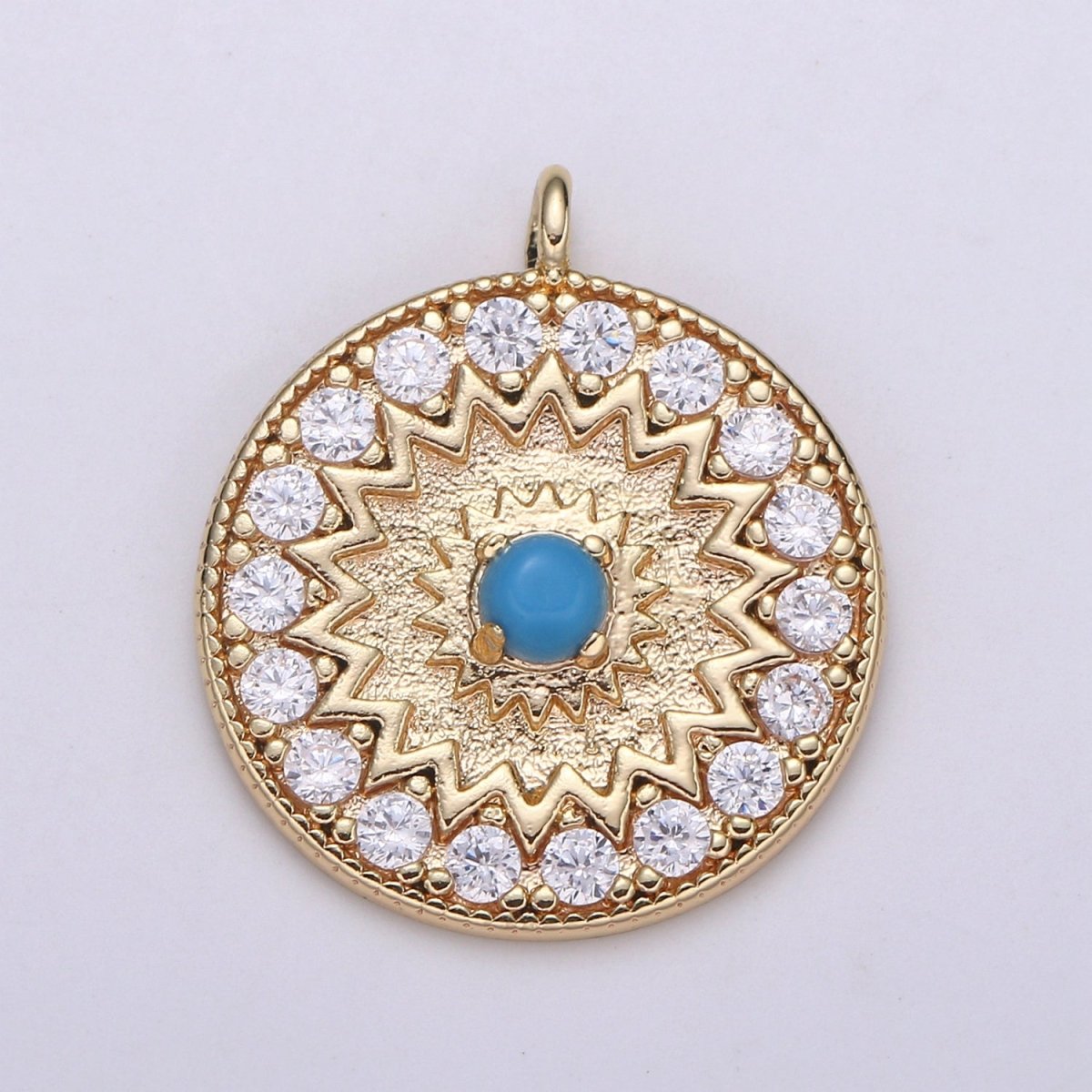 18k Gold plated Round Micro Pave Charm Turquoise Pendant, MoonStone charms for Medallion necklace Component Supply Jewelry Making E-143