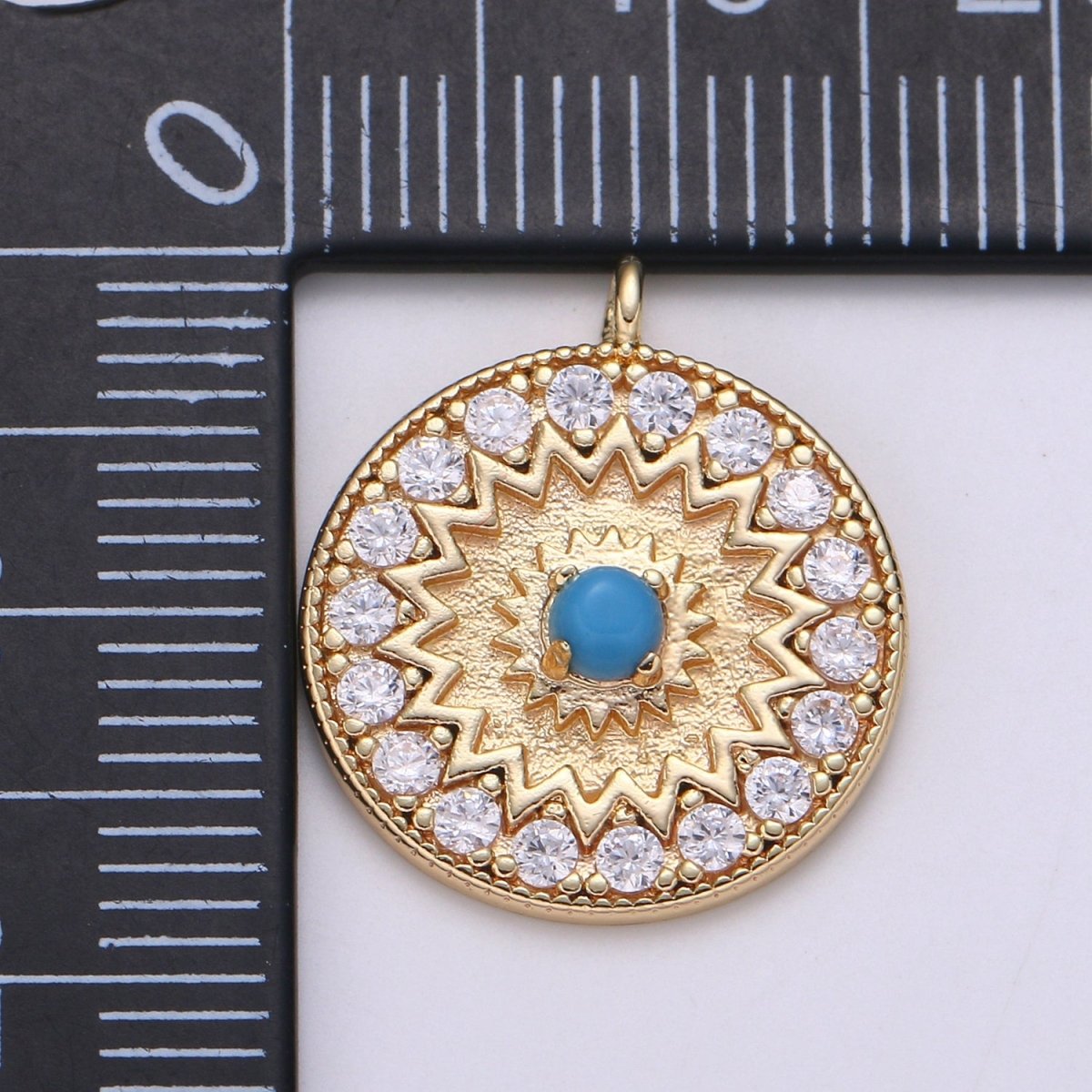 18k Gold plated Round Micro Pave Charm Turquoise Pendant, MoonStone charms for Medallion necklace Component Supply Jewelry Making E-143