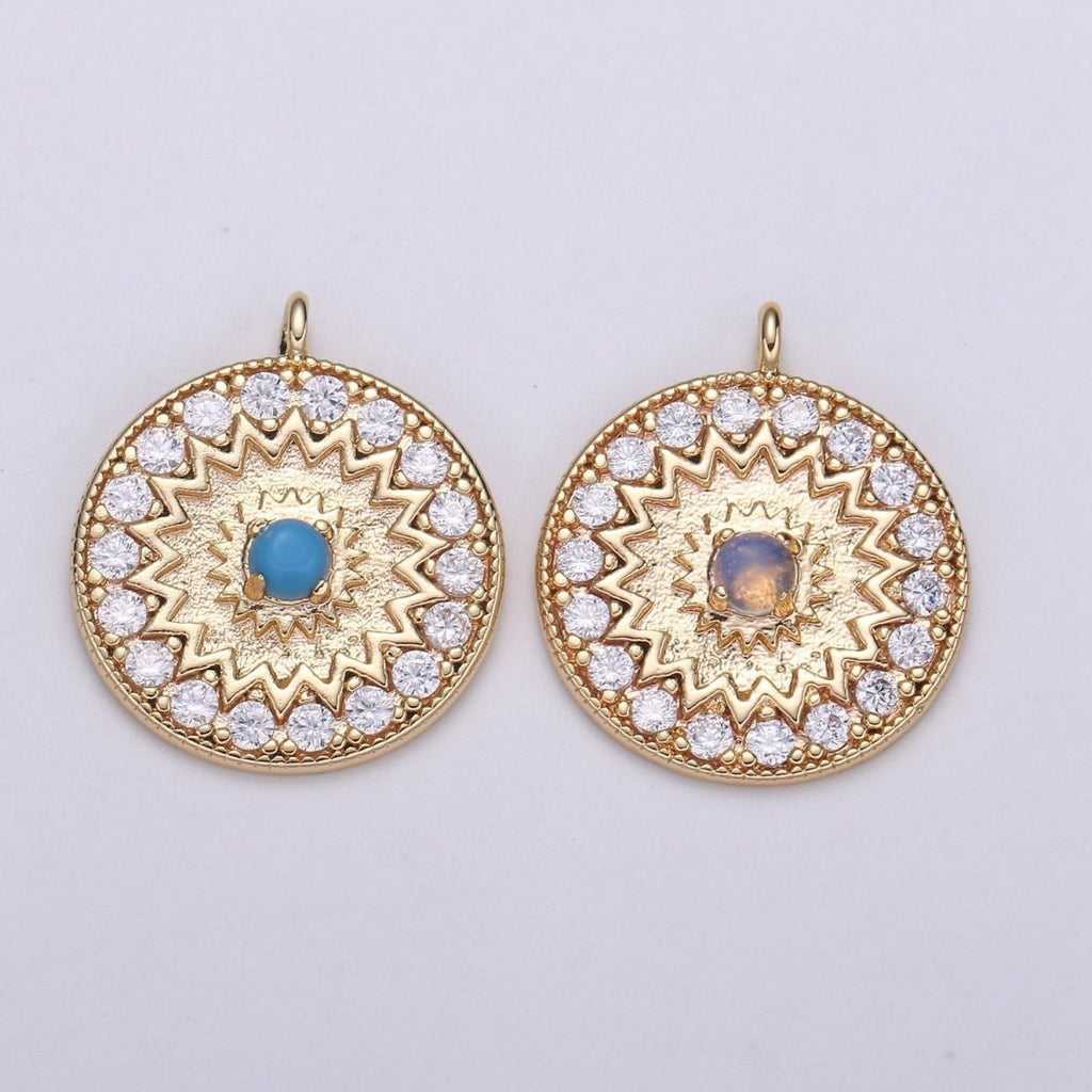 18k Gold plated Round Micro Pave Charm Turquoise Pendant, MoonStone charms for Medallion necklace Component Supply Jewelry Making E-143