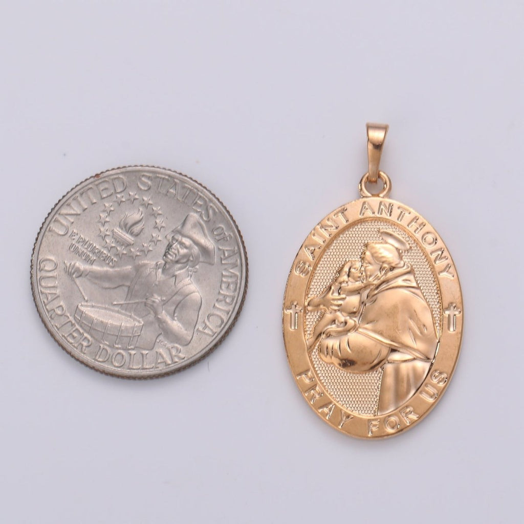 18k Gold plated St Anthony Pendant Medal - Patron of Lost Things - Religious Jewelry Novena Prayer Rosary Supply J-115 - DLUXCA