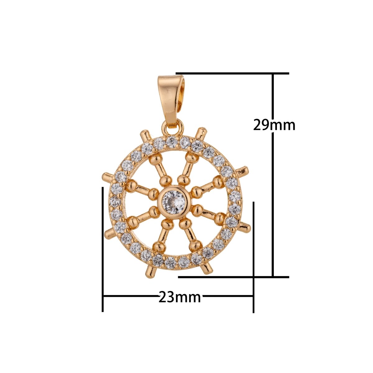 18K Gold plated Steering Wheel, Sailor Charm Pendant w/ Bails Boat Yacht Travel Boat Ocean Cubic Zirconia Necklace for Jewelry Making H-804 - DLUXCA