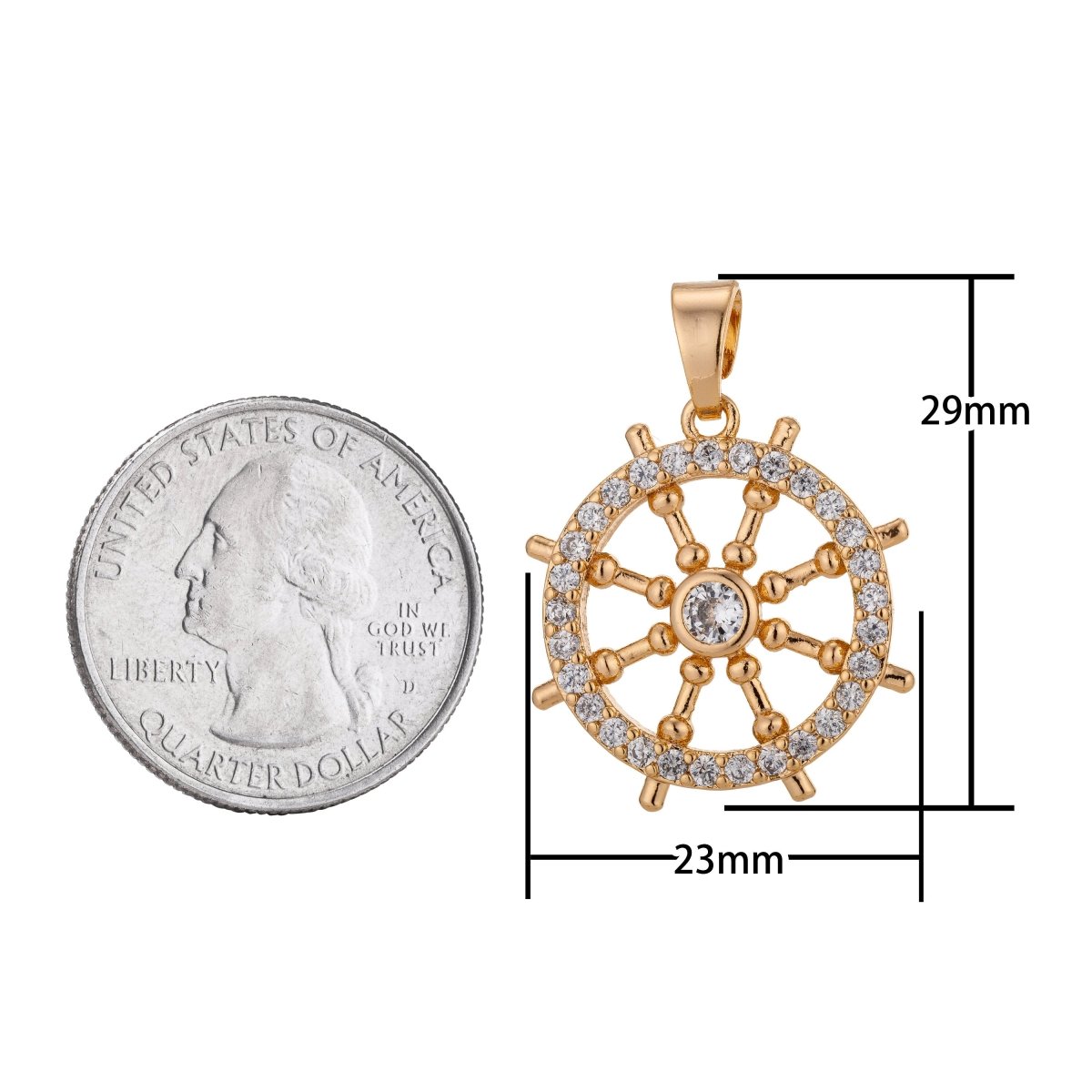 18K Gold plated Steering Wheel, Sailor Charm Pendant w/ Bails Boat Yacht Travel Boat Ocean Cubic Zirconia Necklace for Jewelry Making H-804 - DLUXCA