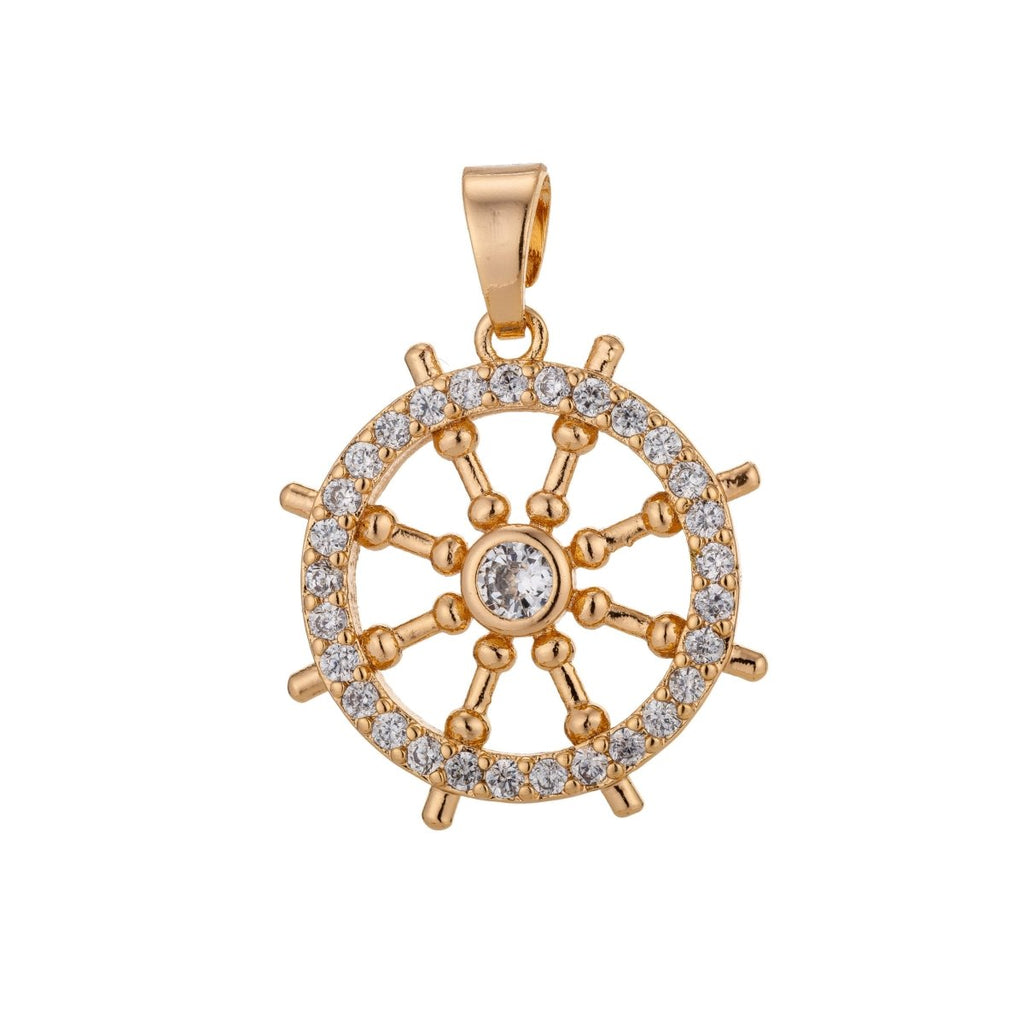 18K Gold plated Steering Wheel, Sailor Charm Pendant w/ Bails Boat Yacht Travel Boat Ocean Cubic Zirconia Necklace for Jewelry Making H-804 - DLUXCA
