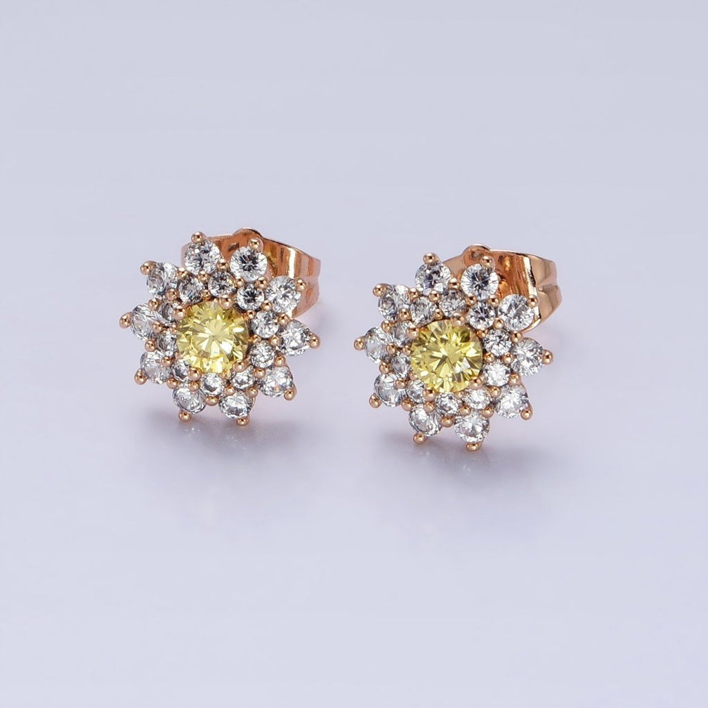 18k Gold plated Sun flower Stud Earring with Yellow CZ Stone AB798 - DLUXCA