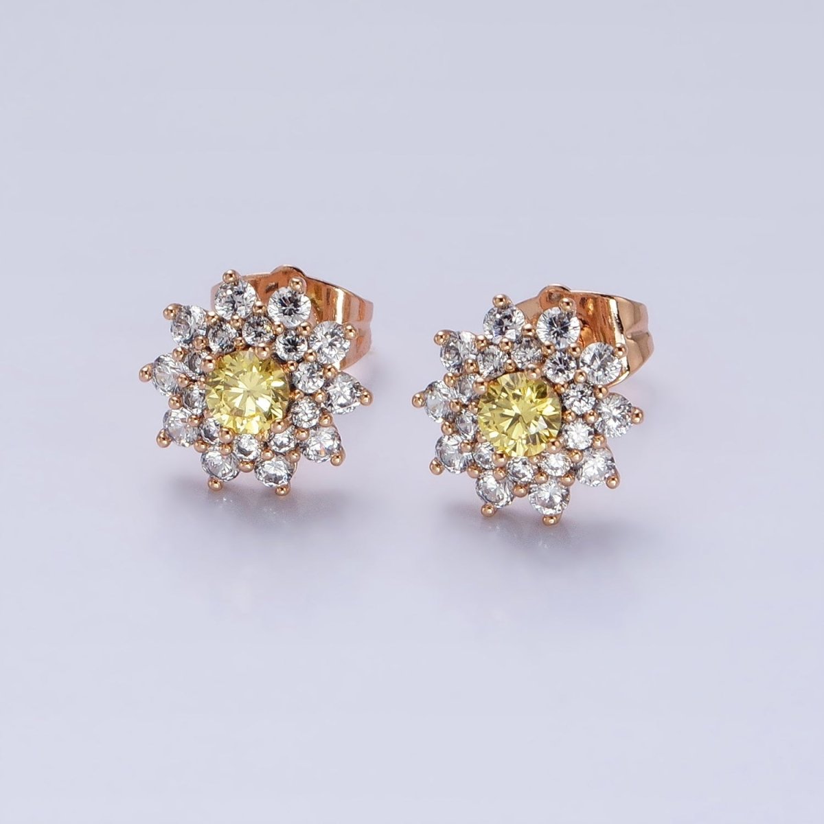 18k Gold plated Sun flower Stud Earring with Yellow CZ Stone AB798 - DLUXCA
