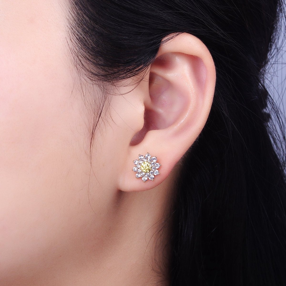 18k Gold plated Sun flower Stud Earring with Yellow CZ Stone AB798 - DLUXCA
