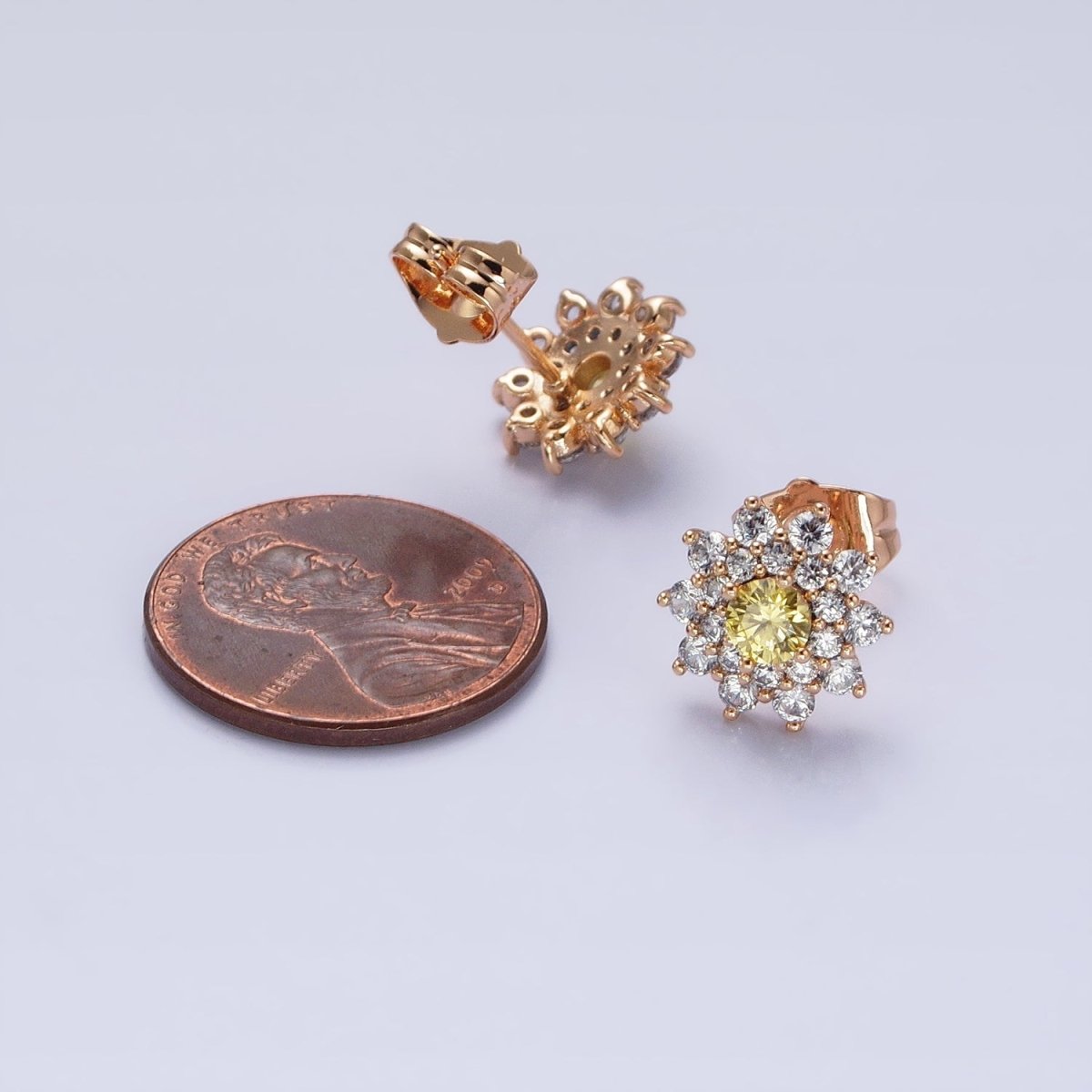 18k Gold plated Sun flower Stud Earring with Yellow CZ Stone AB798 - DLUXCA