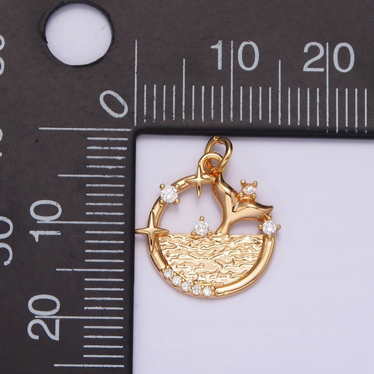 18K Gold plated Tail Ocean Sea Fish Celestial Star Micro Paved CZ Open Round Charm | N-1756 - DLUXCA