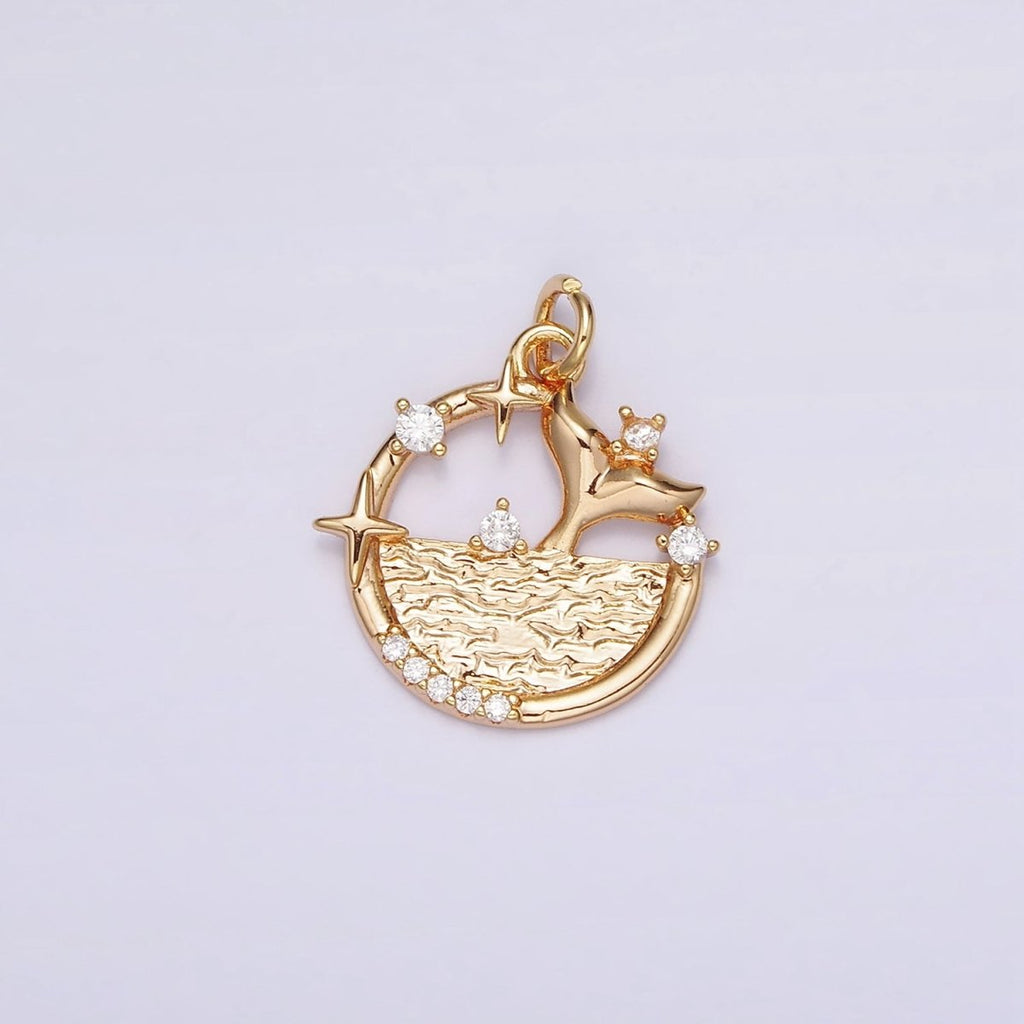 18K Gold plated Tail Ocean Sea Fish Celestial Star Micro Paved CZ Open Round Charm | N-1756 - DLUXCA