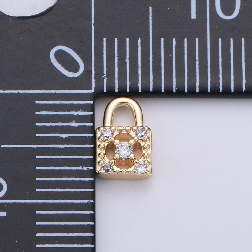 18k Gold plated Tiny Lock Charm Gold Padlock Charm Micro Pave Lock Charm GF for Necklace Bracelet Earring Jewelry Making Supply 8x5 mm | K-139 - DLUXCA