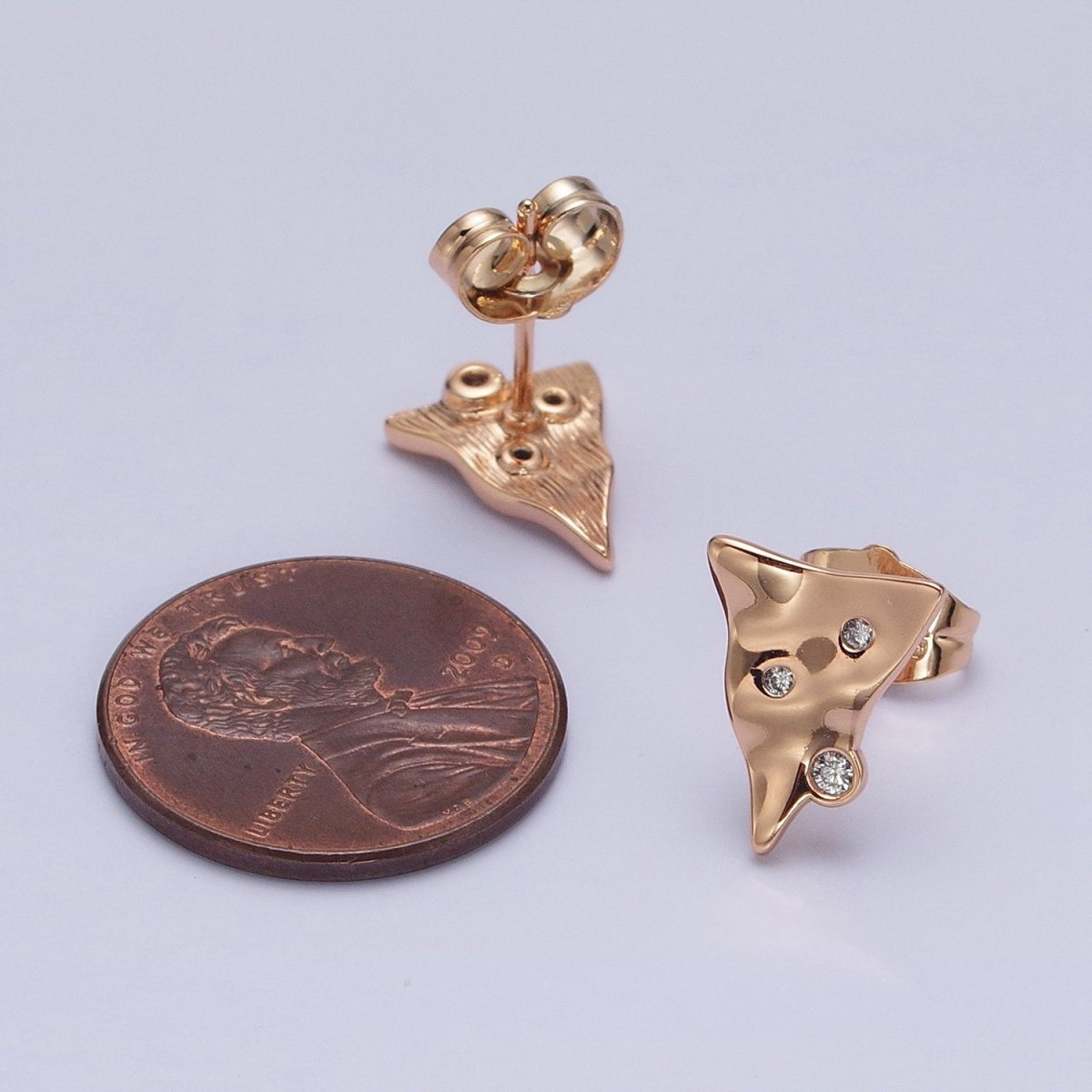 18K Gold plated Triangle Hammered CZ Dotted Stud Earrings | AD1408 - DLUXCA