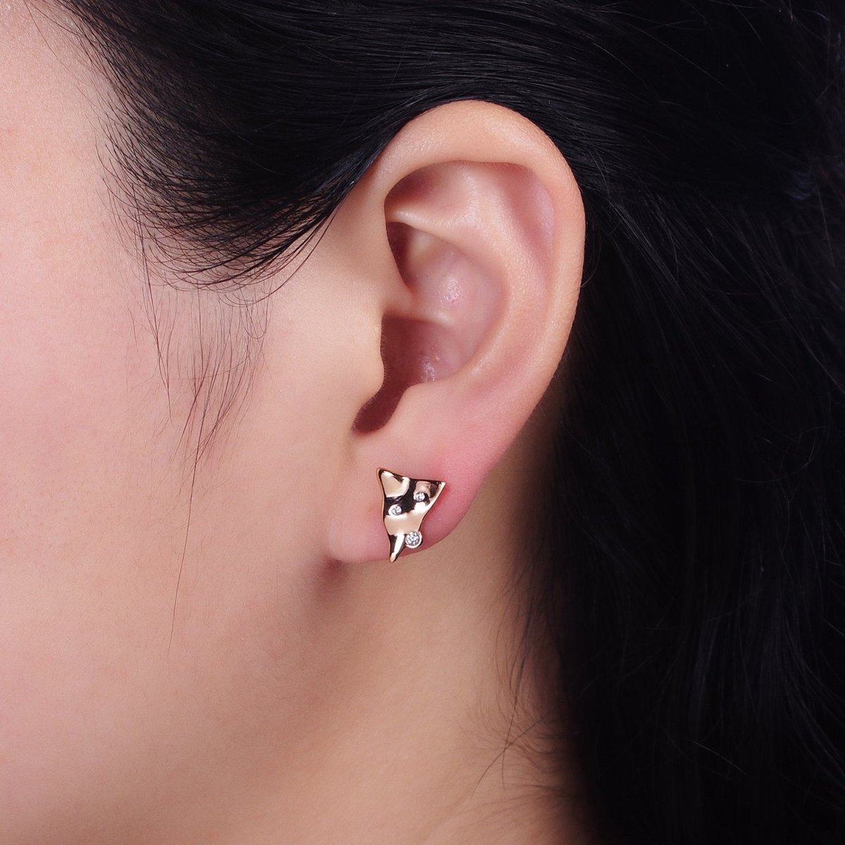 18K Gold plated Triangle Hammered CZ Dotted Stud Earrings | AD1408 - DLUXCA