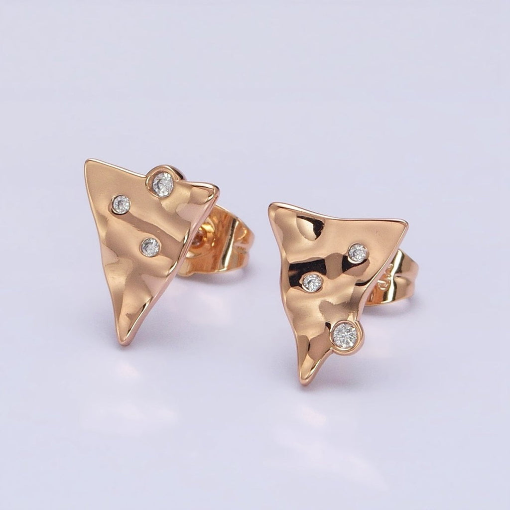 18K Gold plated Triangle Hammered CZ Dotted Stud Earrings | AD1408 - DLUXCA