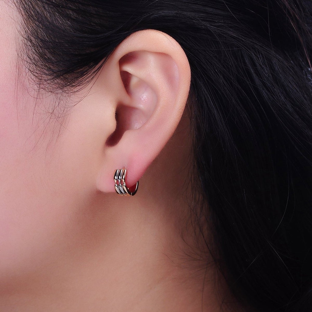 18K Gold plated Triple Band Geometric Mixed Metal Wide 11mm Cartilage Huggie Earrings | AD1452 - DLUXCA
