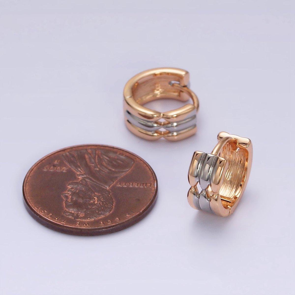 18K Gold plated Triple Band Geometric Mixed Metal Wide 11mm Cartilage Huggie Earrings | AD1452 - DLUXCA