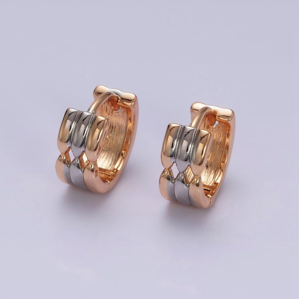 18K Gold plated Triple Band Geometric Mixed Metal Wide 11mm Cartilage Huggie Earrings | AD1452 - DLUXCA
