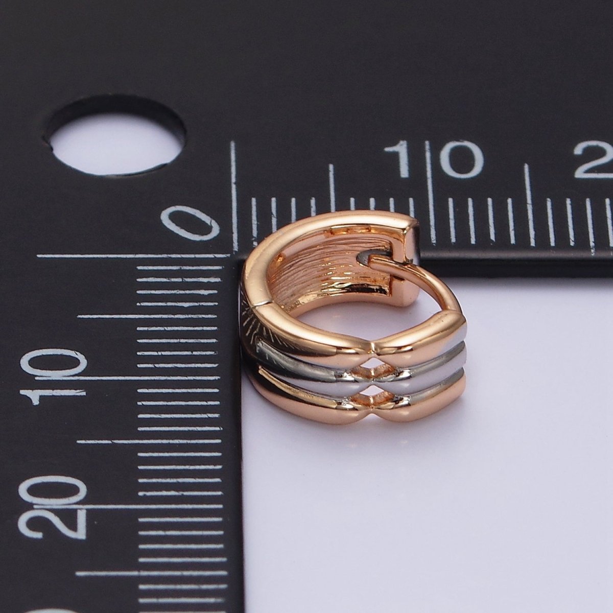 18K Gold plated Triple Band Geometric Mixed Metal Wide 11mm Cartilage Huggie Earrings | AD1452 - DLUXCA