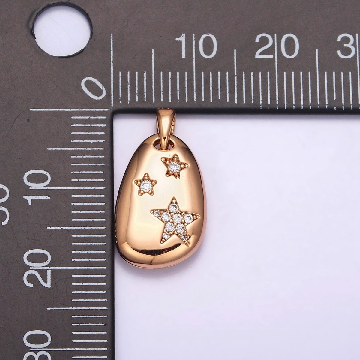 18K Gold plated Triple Star Micro Paved CZ Double Sided Open Moon Celestial Abstract Oval Pendant | AA764 - DLUXCA