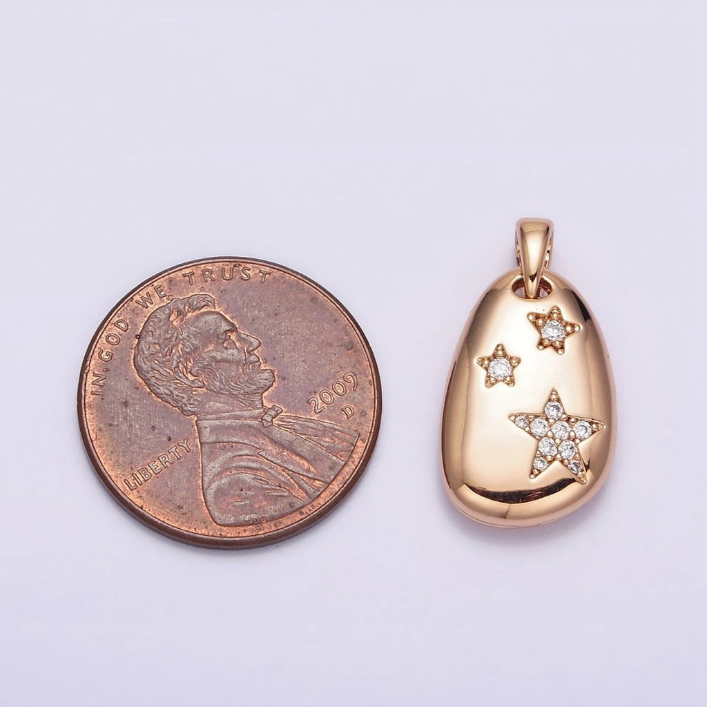 18K Gold plated Triple Star Micro Paved CZ Double Sided Open Moon Celestial Abstract Oval Pendant | AA764 - DLUXCA