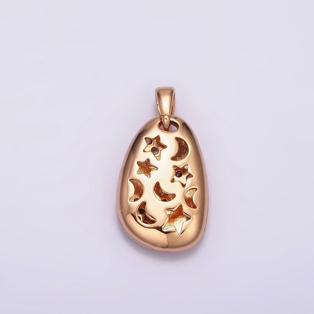 18K Gold plated Triple Star Micro Paved CZ Double Sided Open Moon Celestial Abstract Oval Pendant | AA764 - DLUXCA