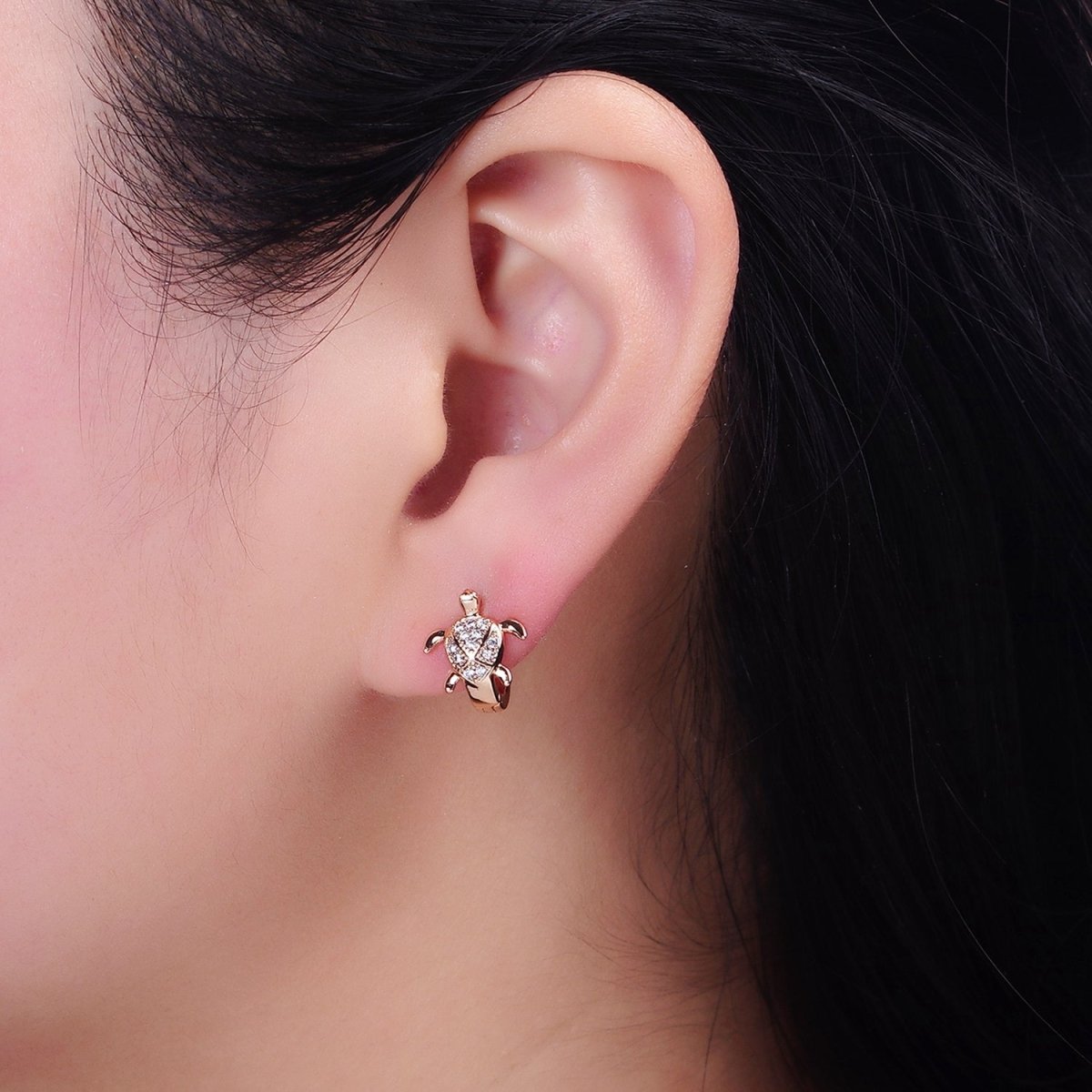 18K Gold plated Turtle Tortoise Micro Paved CZ Animal Huggie Earrings | AD1364 - DLUXCA
