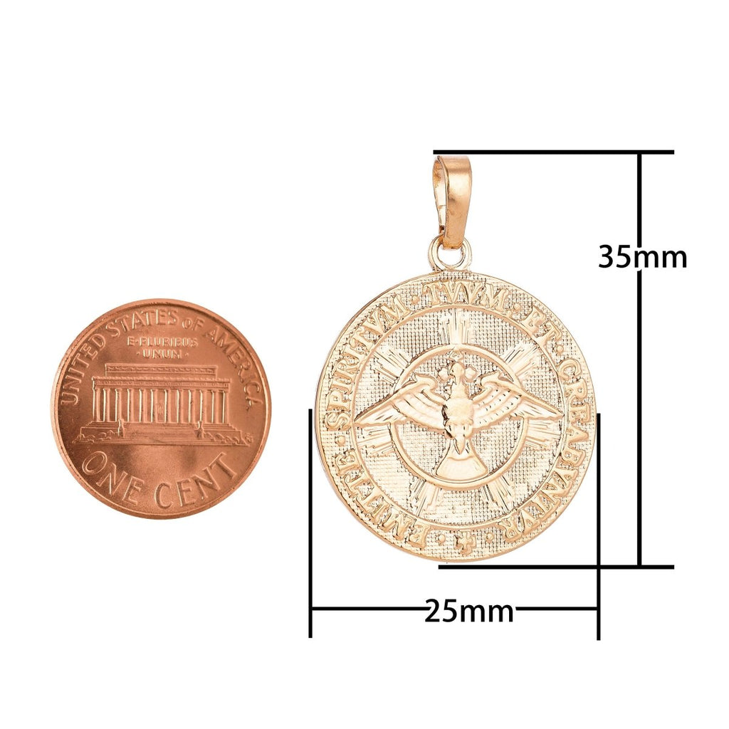 18K Gold plated Vintage Holy Trinity Medal Dove Double Sided Coin Charm in Latin Trinitas Germany Religious Jewelry Collection for Layered necklace supply H-593 - DLUXCA