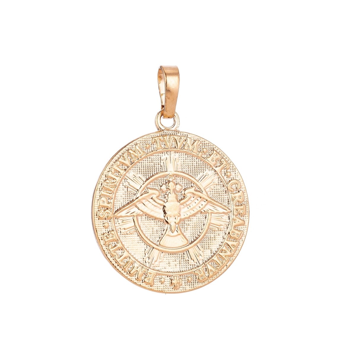 18K Gold plated Vintage Holy Trinity Medal Dove Double Sided Coin Charm in Latin Trinitas Germany Religious Jewelry Collection for Layered necklace supply H-593 - DLUXCA