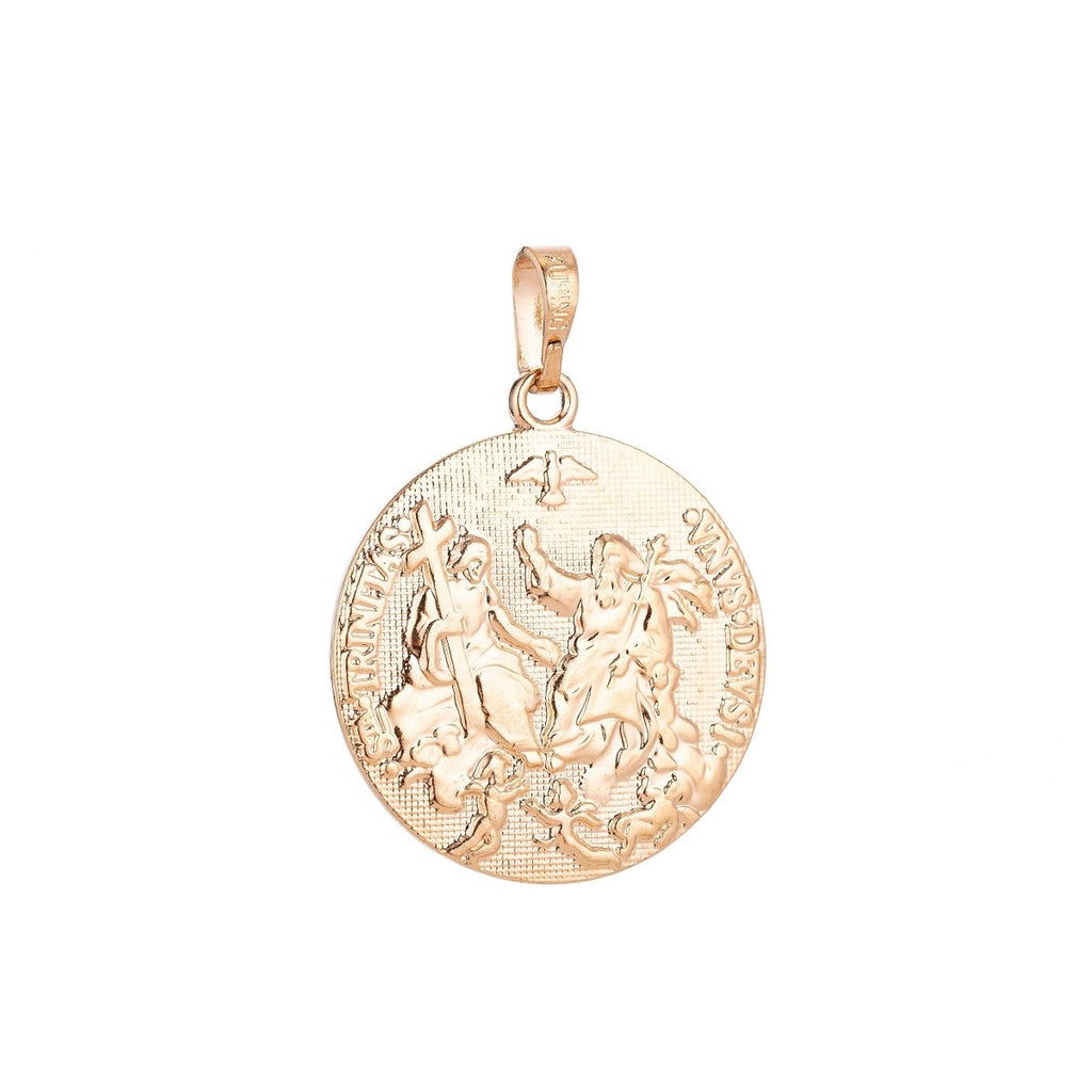 18K Gold plated Vintage Holy Trinity Medal Dove Double Sided Coin Charm in Latin Trinitas Germany Religious Jewelry Collection for Layered necklace supply H-593 - DLUXCA