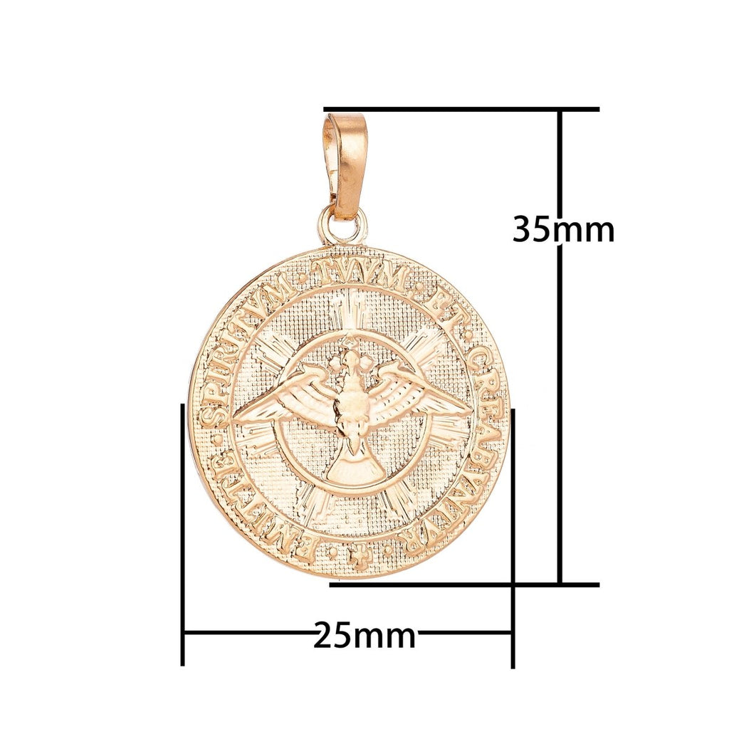 18K Gold plated Vintage Holy Trinity Medal Dove Double Sided Coin Charm in Latin Trinitas Germany Religious Jewelry Collection for Layered necklace supply H-593 - DLUXCA