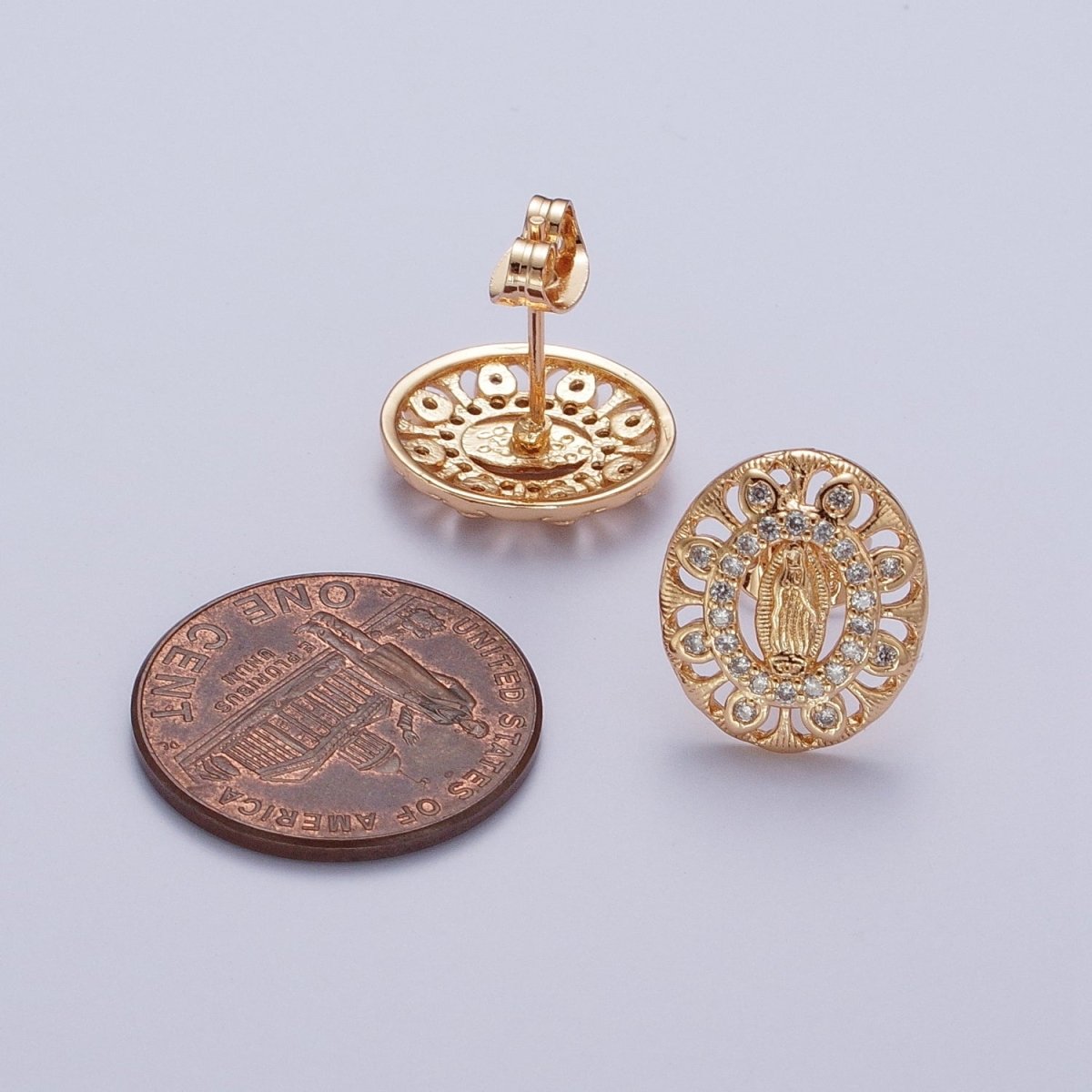 18K Gold Micro Paved CZ Lady Guadalupe Oval Medallion Religious Stud Earrings | AE-1053 - DLUXCA