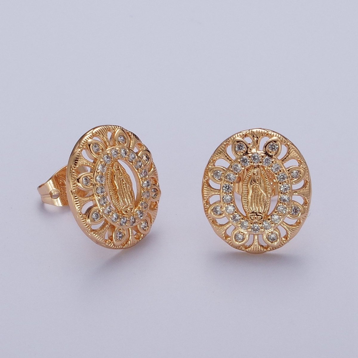 18K Gold Micro Paved CZ Lady Guadalupe Oval Medallion Religious Stud Earrings | AE-1053 - DLUXCA