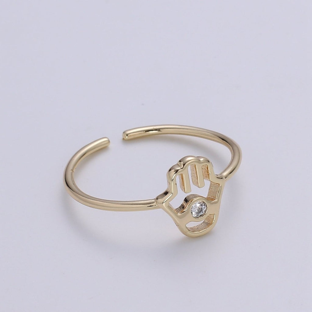 18K Gold Plated Hamsa Hand Ring, Gold Open Adjustable Ring Minimalist Jewelry Everyday Wear O-337 - DLUXCA