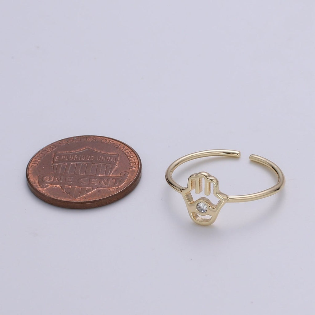 18K Gold Plated Hamsa Hand Ring, Gold Open Adjustable Ring Minimalist Jewelry Everyday Wear O-337 - DLUXCA