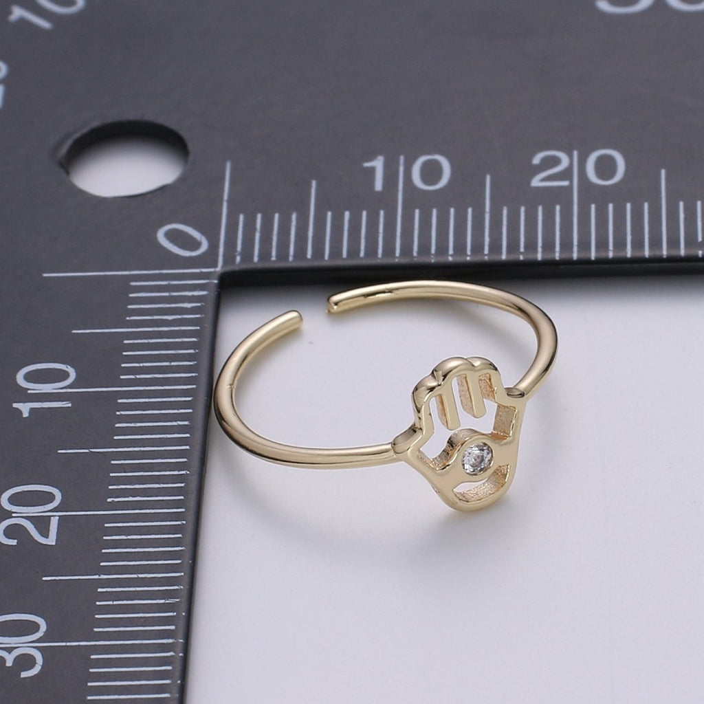 18K Gold Plated Hamsa Hand Ring, Gold Open Adjustable Ring Minimalist Jewelry Everyday Wear O-337 - DLUXCA