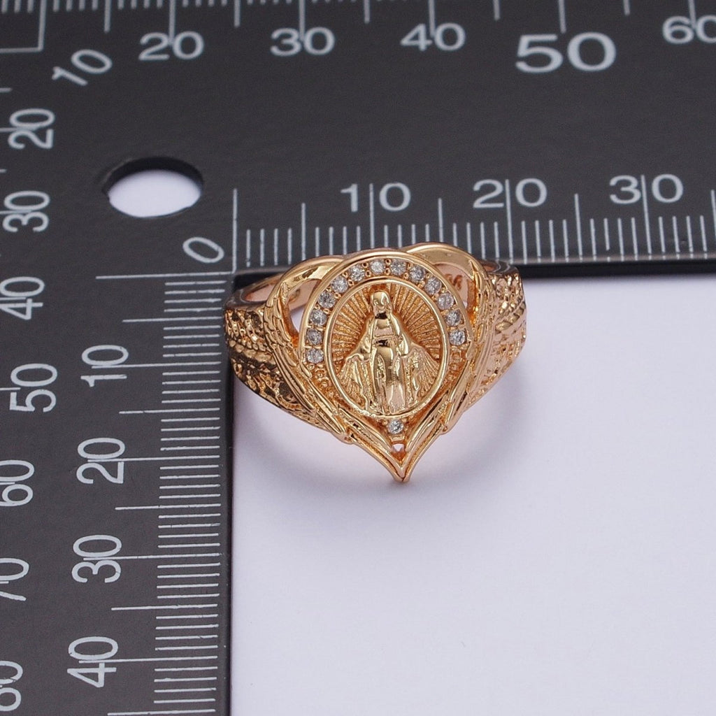 18K Gold Round Micro Paved CZ Lady Guadalupe Engraved Band Heart Ring | O-1992 - DLUXCA