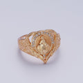 18K Gold Round Micro Paved CZ Lady Guadalupe Engraved Band Heart Ring | O-1992 - DLUXCA