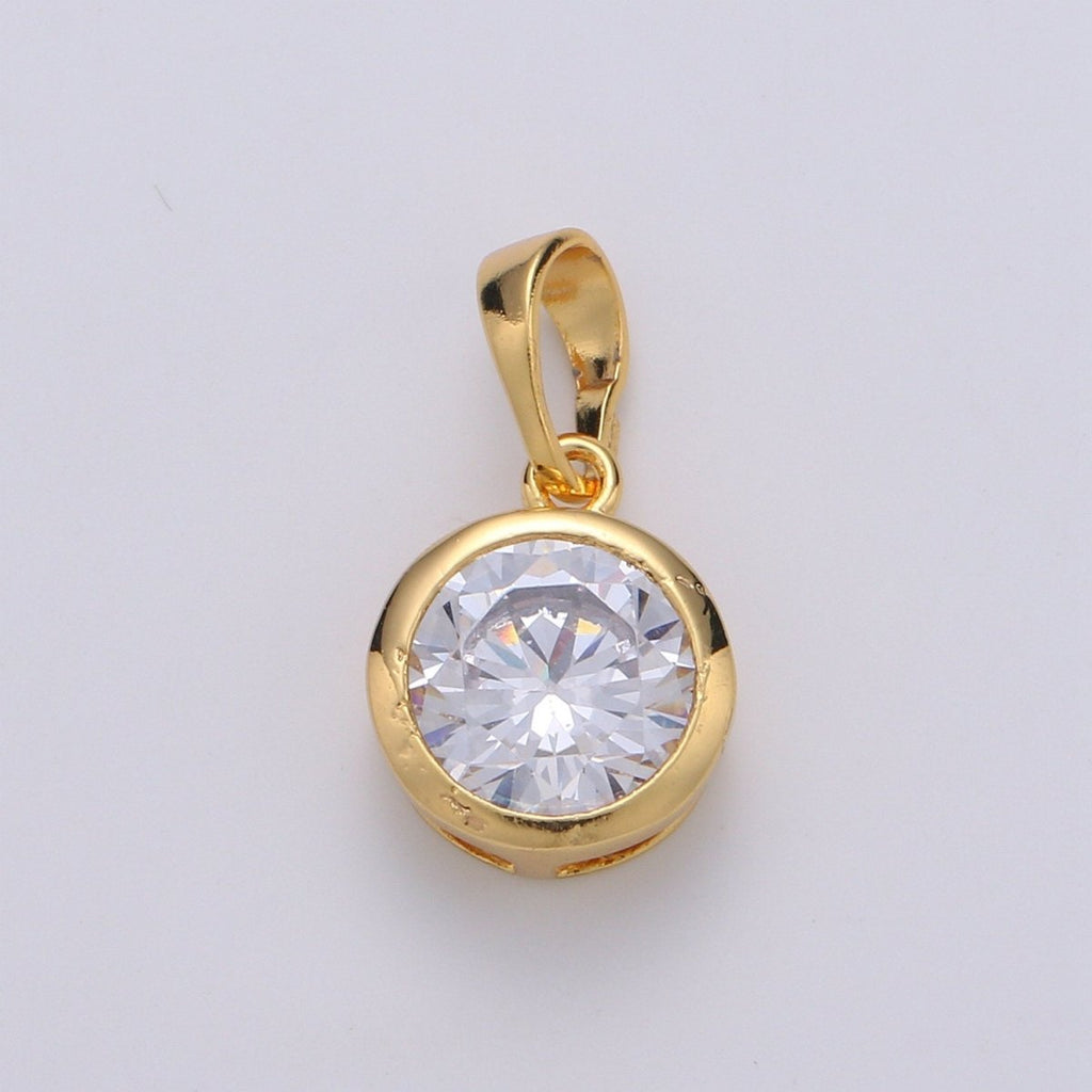 18X10mm Solitaire Pendant 24k Gold plated Round Cut Pendant for necklace April Birthstone, Clear Cubic Zirconia Round Charm J-075 - DLUXCA
