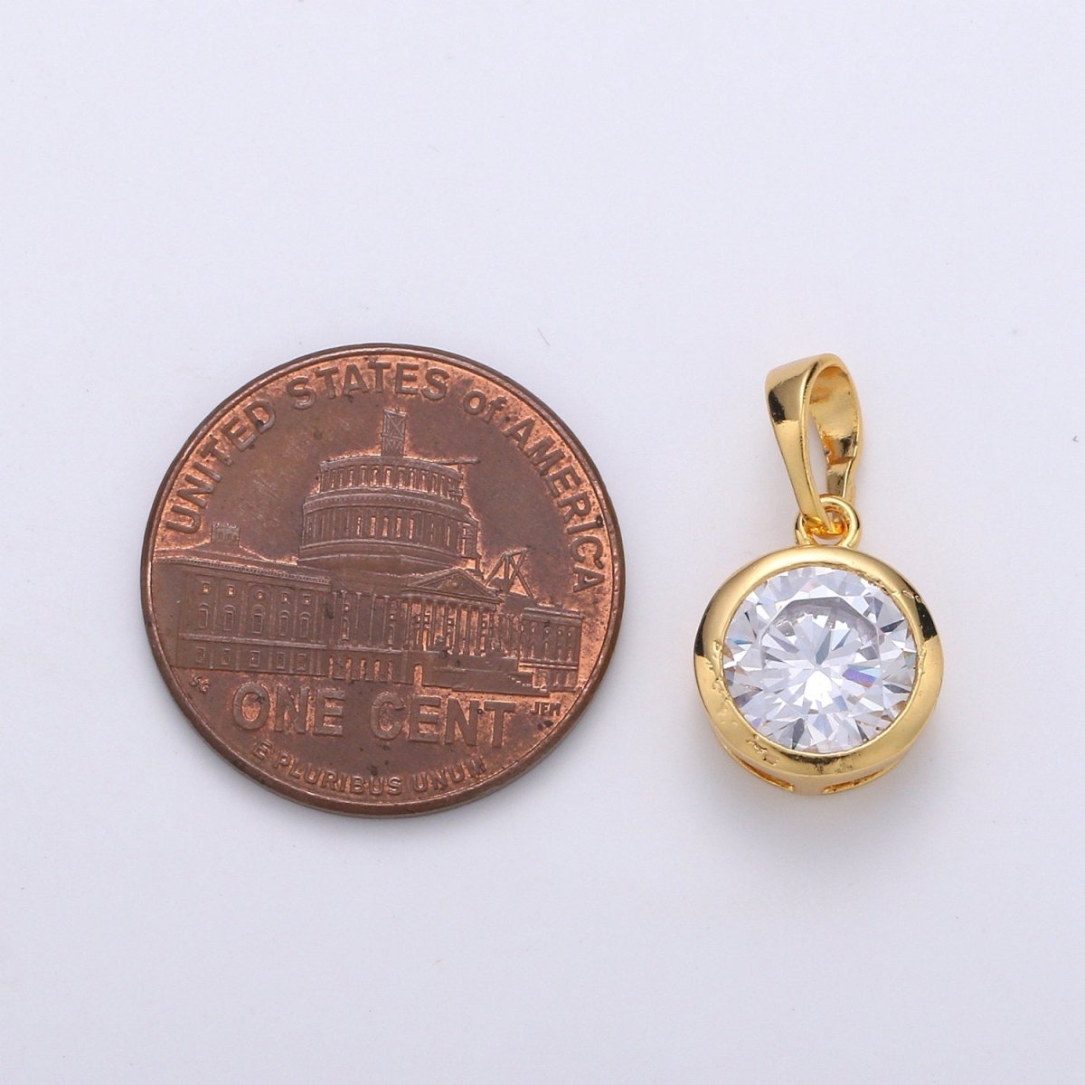18X10mm Solitaire Pendant 24k Gold plated Round Cut Pendant for necklace April Birthstone, Clear Cubic Zirconia Round Charm J-075 - DLUXCA