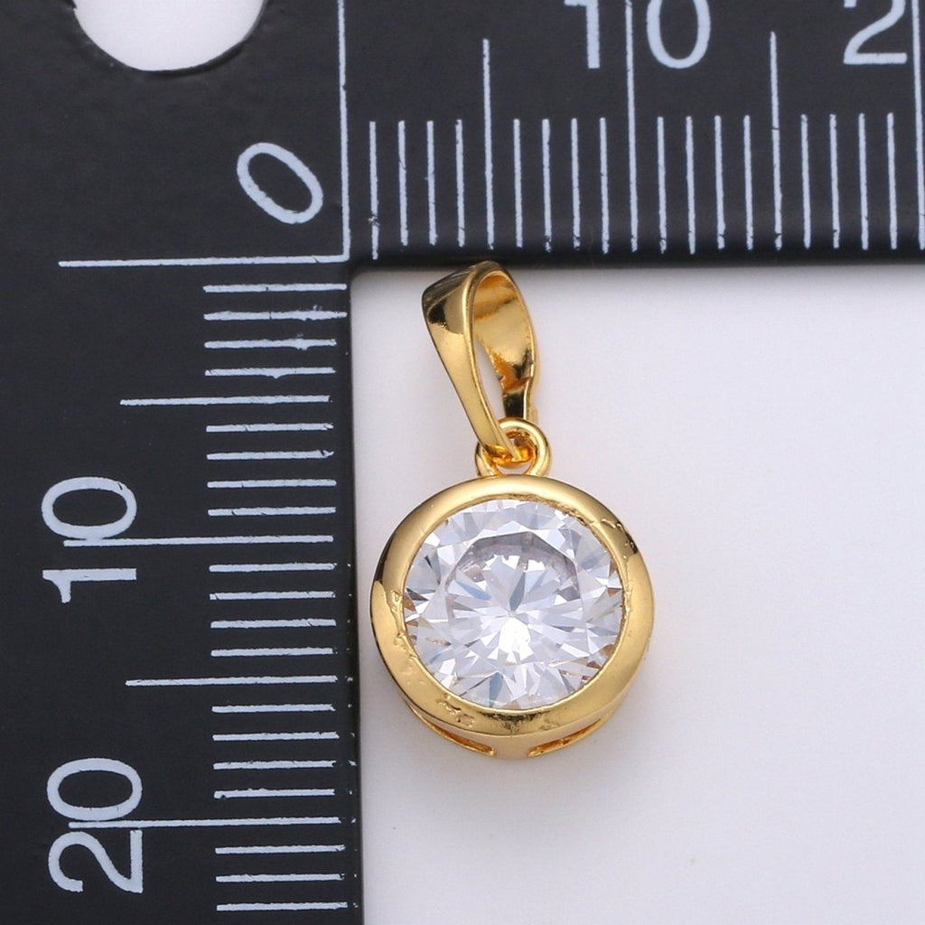 18X10mm Solitaire Pendant 24k Gold plated Round Cut Pendant for necklace April Birthstone, Clear Cubic Zirconia Round Charm J-075 - DLUXCA