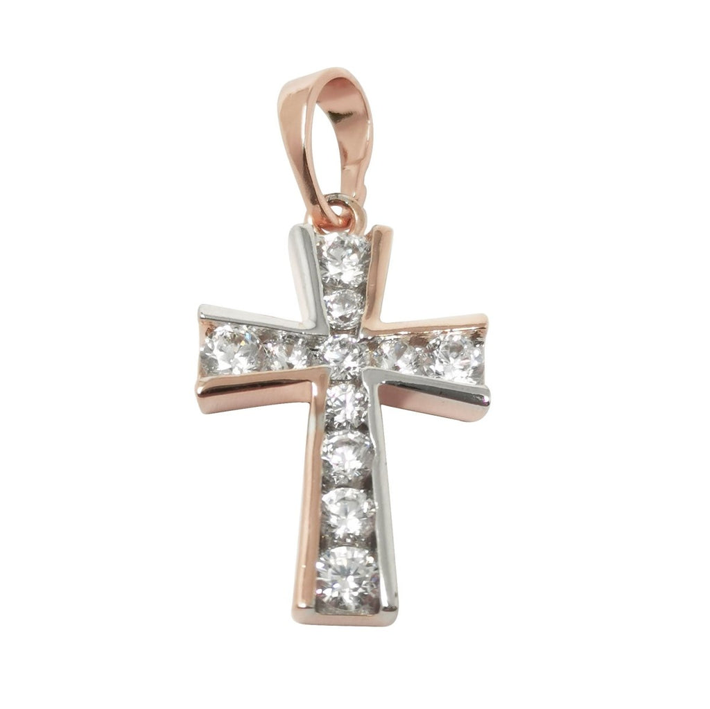 18x13mm Wholesale Two Tones 18K Gold Plated Rose Gold and Silver Cross Pendant with Cubic Zirconia Crystal Rhinestones, Christian Pendant for Necklace Bracelet Anklet Making J-182 - DLUXCA