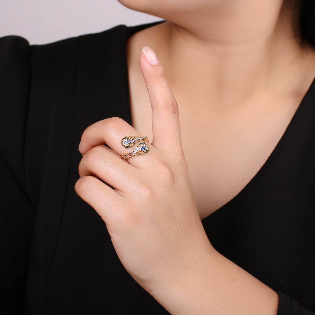 1pc 24k Gold CZ Pave Double Head Snake Ring, Adjustable Gold Snake Ring, Two Heads Serpent Animal Ring, Multi color Stone DIY Jewelry R313 - DLUXCA