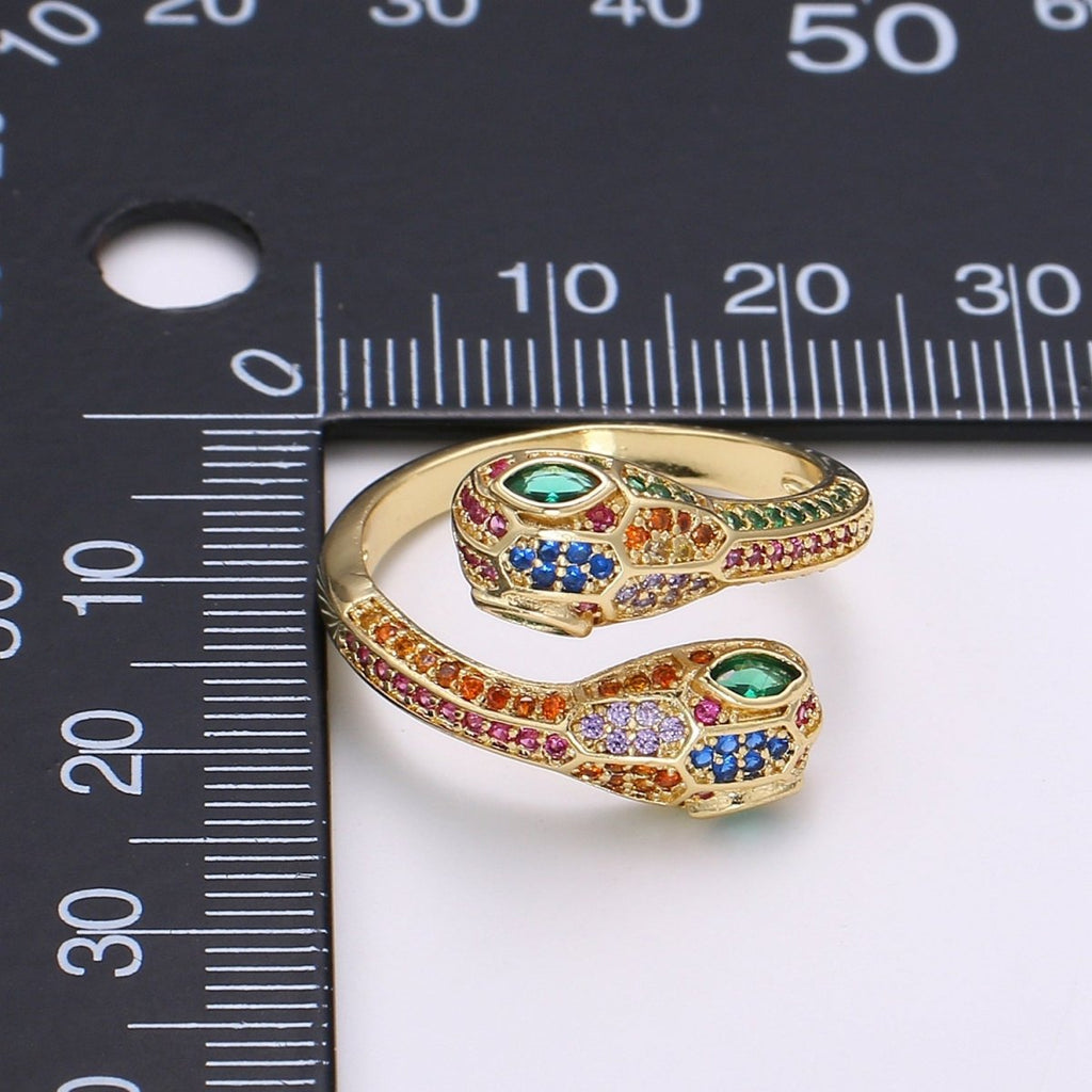 1pc 24k Gold CZ Pave Double Head Snake Ring, Adjustable Gold Snake Ring, Two Heads Serpent Animal Ring, Multi color Stone DIY Jewelry R313 - DLUXCA