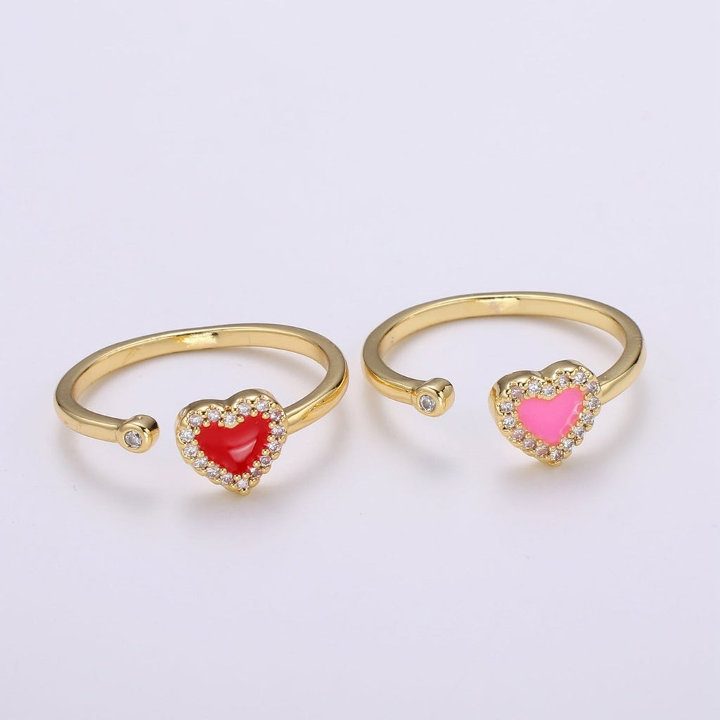 1pc 24K Gold Enamel Cubic Heart Ring, Pink Epoxy Love CZ Pendant Charm, Solitaire Cubic Zirconia Design Band For DIY Jewelry R-317,R-318