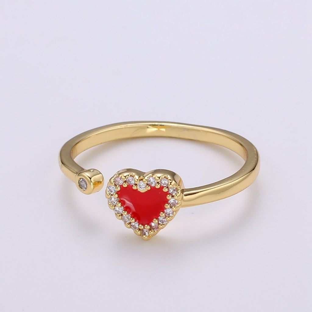 1pc 24K Gold Enamel Cubic Heart Ring, Pink Epoxy Love CZ Pendant Charm, Solitaire Cubic Zirconia Design Band For DIY Jewelry R-317,R-318