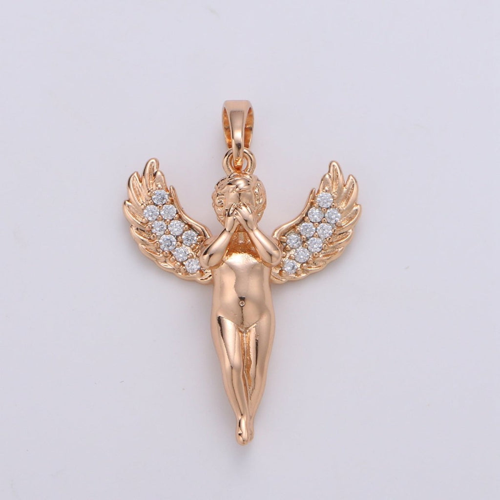 1pc 29x20mm Wholesale 18K Gold-plated Rose Gold Cherub Covering Face Pendant with Micro Pave CZ Rhinestones, Pendant for Necklace Bracelet Anklet Making J-180 - DLUXCA
