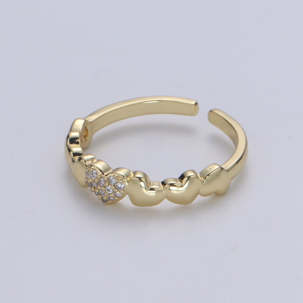 1pc Hearts 14K Gold Ring, Adjustable Gold Curb Ring, Simple CZ Love Ring, Tender Care Cubic Ring R514 - DLUXCA