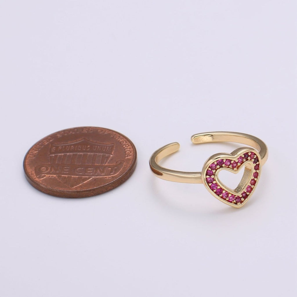 1pc Red Ruby CZ Love 18k Gold Ring, Heart Cubic Adjustable Gold Curb Ring, Simple Ring, Clear Cubic Zirconia R307 - DLUXCA