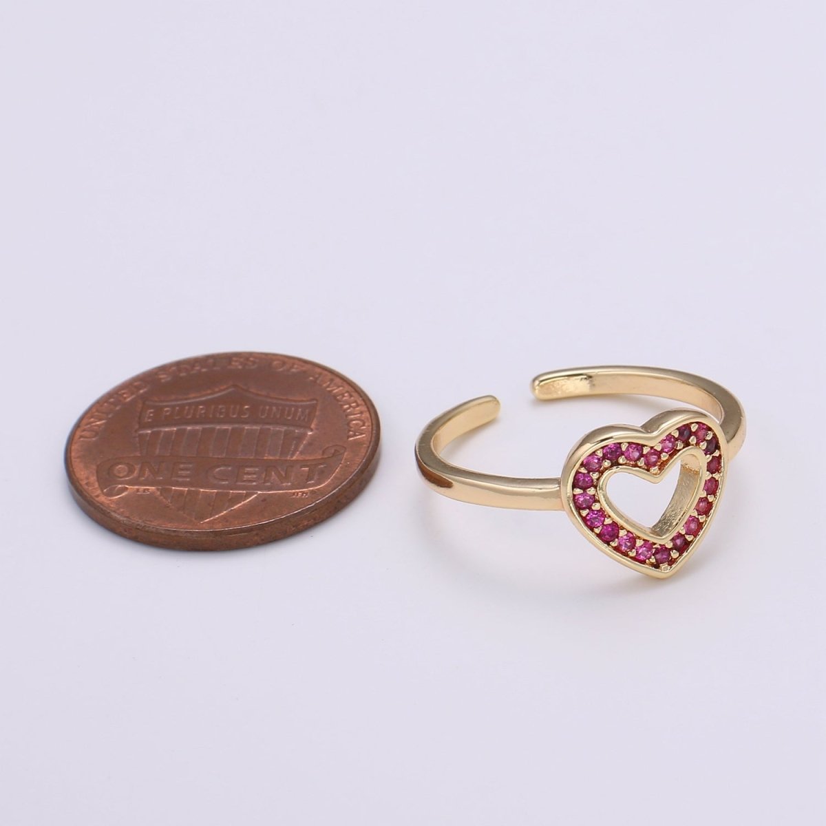 1pc Red Ruby CZ Love 18k Gold Ring, Heart Cubic Adjustable Gold Curb Ring, Simple Ring, Clear Cubic Zirconia R307 - DLUXCA