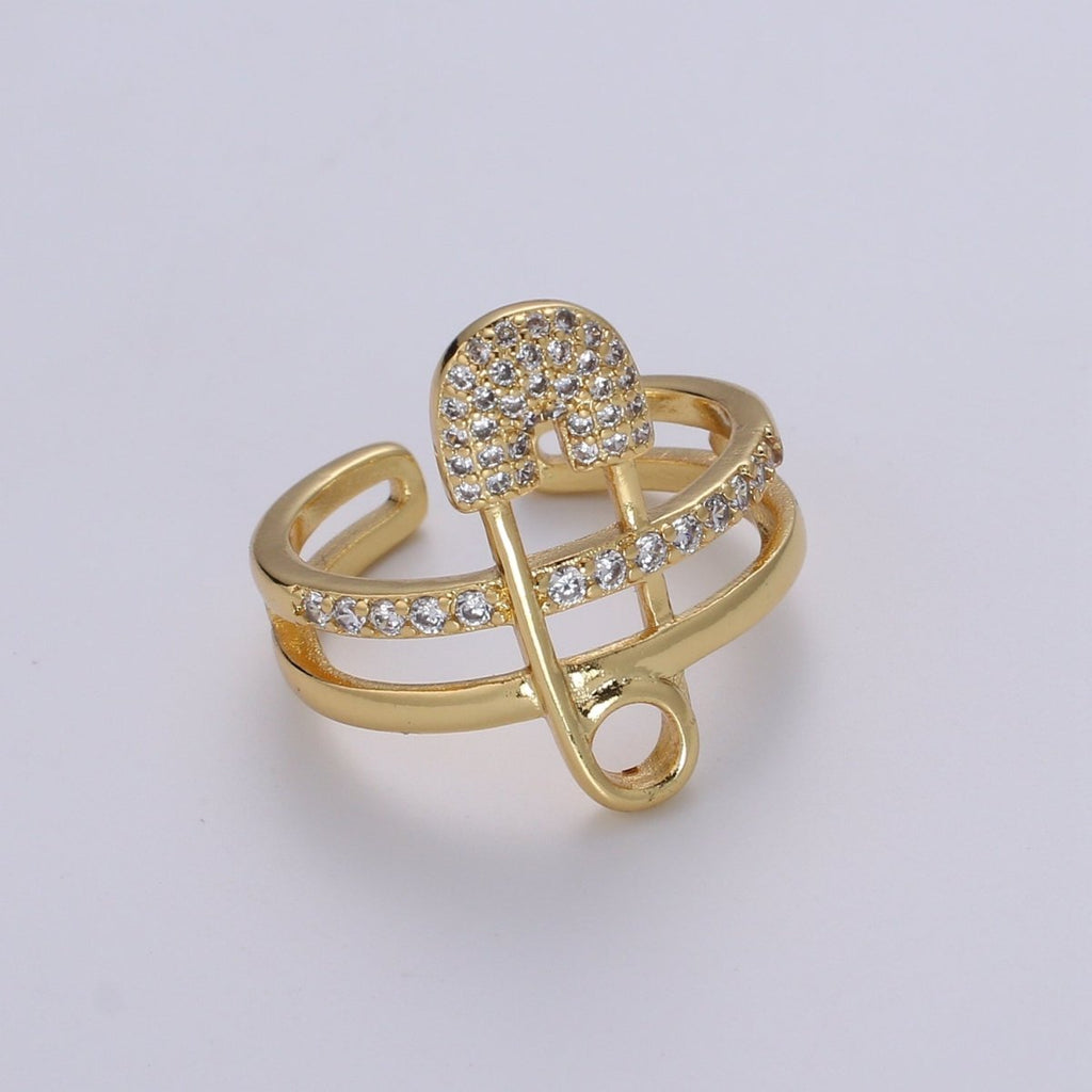 1pc Safety Pin Pave CZ 24K Gold Plated Ring, Cubic Adjustable Gold Curb Ring, Simple Ring, Clear Cubic Zirconia R525 - DLUXCA